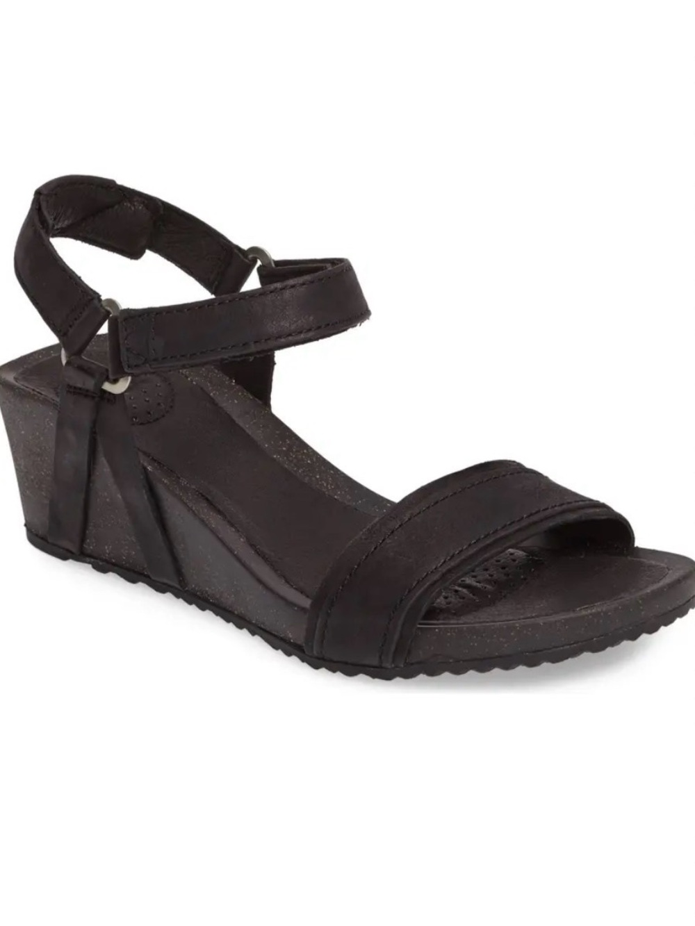 Teva Ysidro Stitch Black Leather Wedge Sandals Size 9 Adjustable Ankle Strap